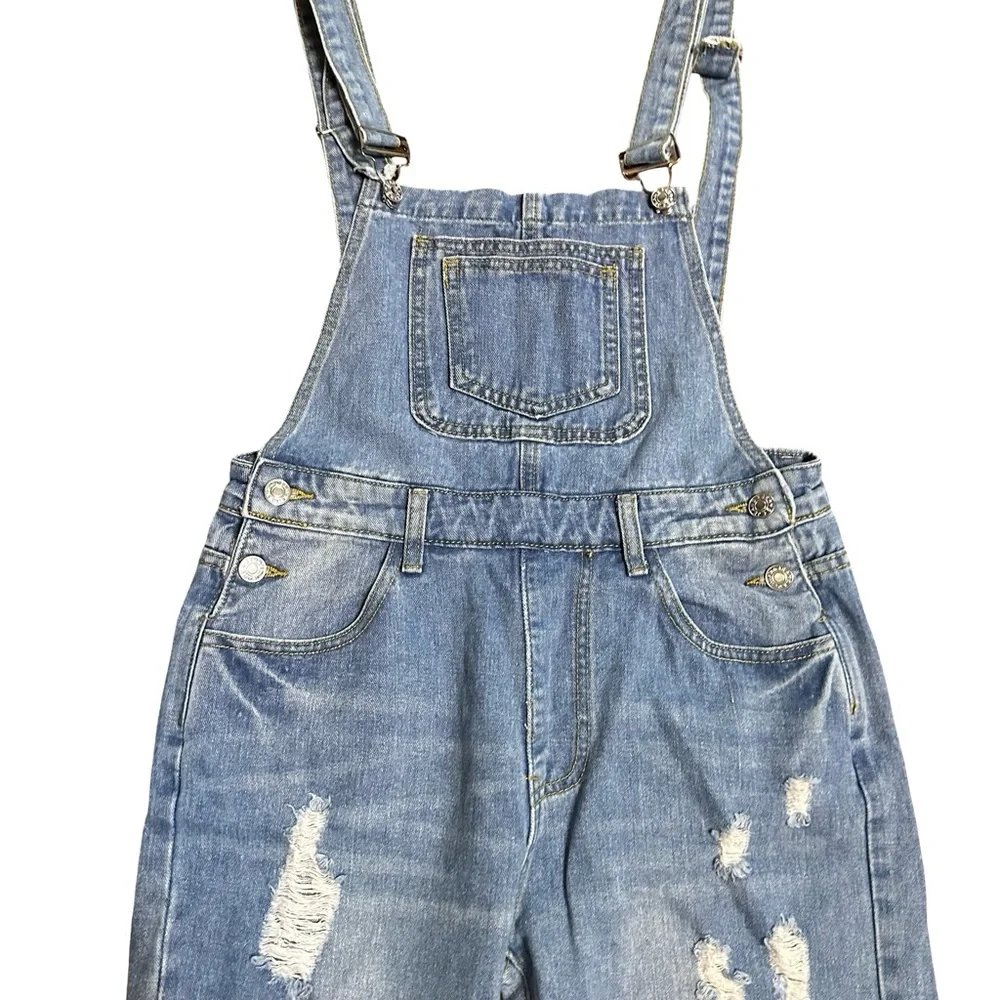Blue Denim Overalls Bibs Size Small Cotton Blend Distressed Ripped Straight Leg